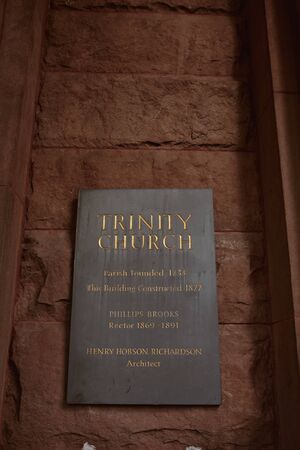 Boston, Massachusetts - October 3rd, 2019: Sign on exterior of Trinity Church in the Back Bay neighborhood of Boston at Copley Square.のeditorial素材