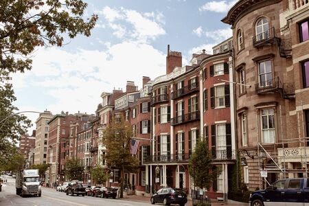 Boston, Massachusetts - October 3rd, 2019: Beautiful brick residential buildings on a Fall day, in the historic Beacon Hill neighborhood of Bostonのeditorial素材