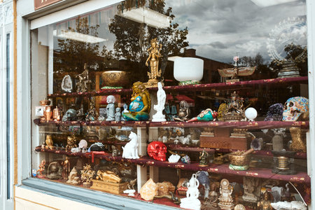 Boulder, Colorado - May 27th, 2020:  Store window display with various knick knacks, decorative...