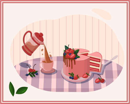 Red velvet cake with details and teapotのイラスト素材