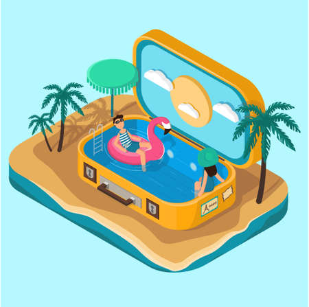 Isometric suitcase with pool and palm treesのイラスト素材