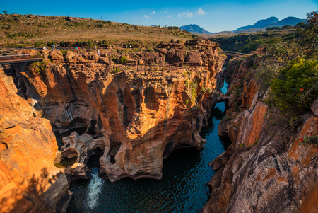 A wide shot of Bourkeâs Luck Potholes in Mpumalanga, South Africa; a geological formation carved out by the movement of waterの写真素材