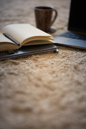 Vertical photo of a blank journal, pen, coffee mug and laptop computer on a warmly lit rugの写真素材