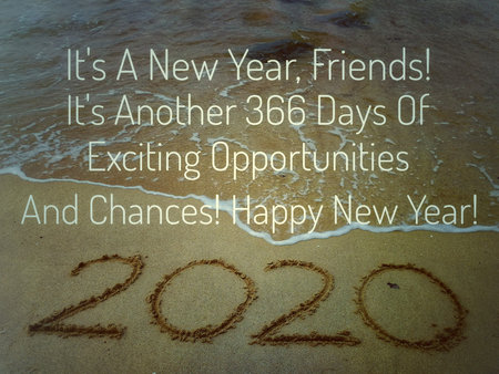 Text Label with background of sandy beach, Happy New Year 2020