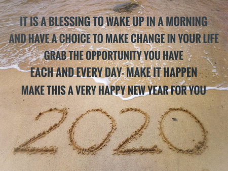 Text label with background of sandy beach, Happy New Year 2020