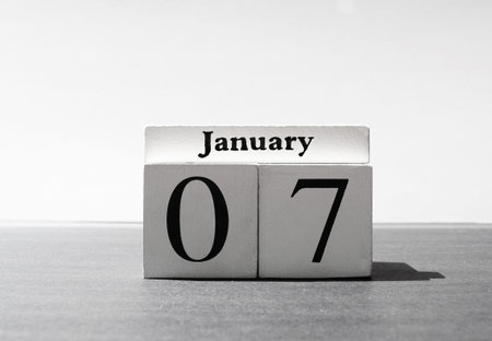 White cube number 07 and January with black and white background. Eventの写真素材