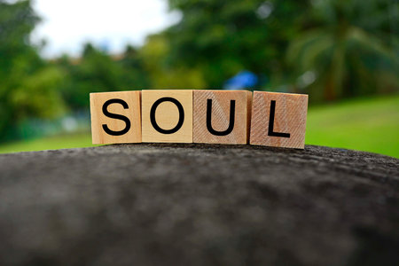 Soul text on wooden cube block on top of big stone with blurred sky background