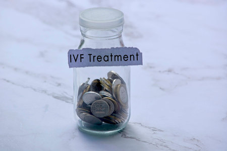 Glass jar with multicurrency coins and text on white torn paper - IVF Treatment. Fertility cost...