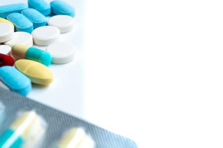 Assorted pharmaceutical medicine pills, tablets and capsulesの写真素材