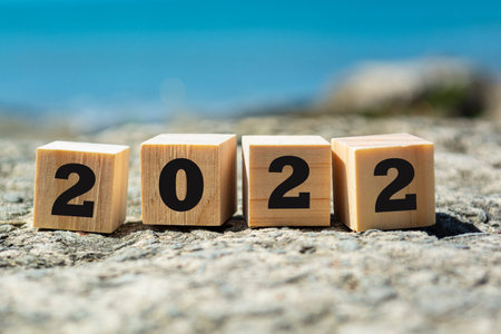 2022 number on wooden cube block on old tree stump with blurred background of green grass ocean