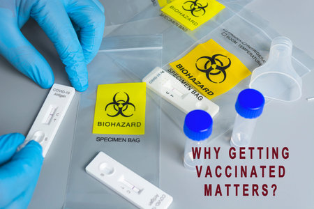 Text on image with doctor holding a test kit for disease COVID-19. Lab card kit tested NEGATIVE for...