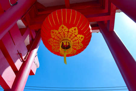 KOTA KINABALU, SABAH, MALAYSIA - FEBRUARY 11, 2016: The entrance of Peak Nam Tong pagoda and Chinese Temple with red lantern decoration in Kota Kinabalu, Borneo, Sabah, Malaysia.のeditorial素材