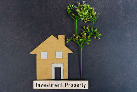 Investment property text on wooden block with house model on dark wooden table with green plant. Concept for real estate property investment.の写真素材
