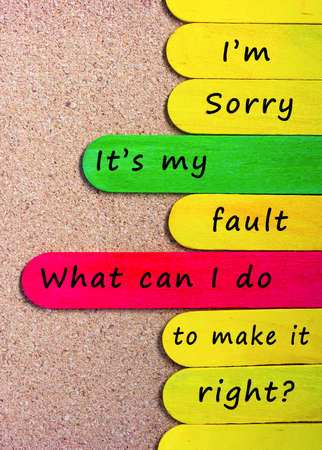 Motivational quote on colorful wooden stick - I'm sorry, it's my fault, what can i do to make it right.の写真素材