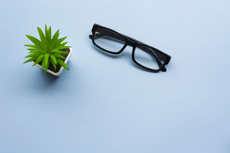 Office desk with potted plant and glasses on blue background. Feedback and review concept. Flat lay. Directly above.の写真素材