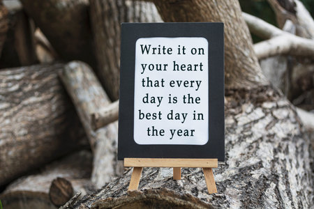 Motivational quote on a chalkboard isolated on tree trunk - Write it on your heart that every day is...