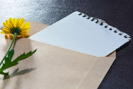 Paper and envelope on wooden surface with sunflowers flat lay with copy space. Directly above.の写真素材