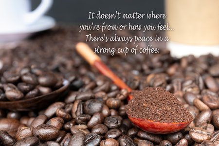 Motivational and inspirational quote on cup of coffee on coffee beans backgroundの写真素材