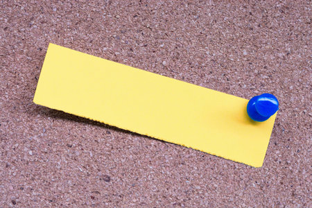 Yellow stick note and blue pinned to a cork notice board. Copy space. Reminder concept.
