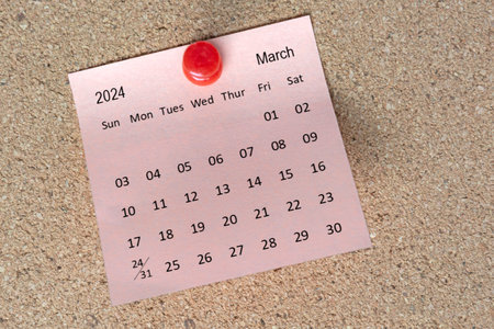 March 2024 calendar on sticky note. Reminder and message concept. 2024 new year concept.の写真素材