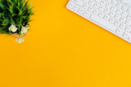 Directly above view of office desk with white computer keyboard and potted plant on yellow...