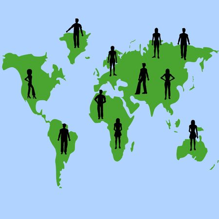 Silhouettes of people on a map of the worldの写真素材