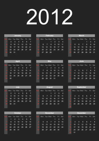 2012 annual calendar template on the gray background. Weeks start on Sunday. のイラスト素材