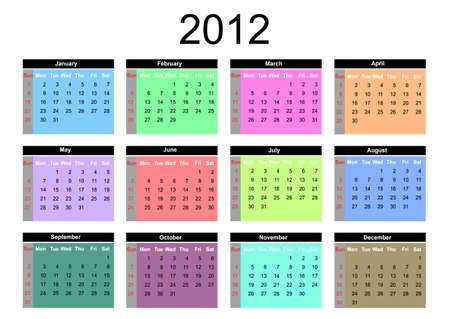 2012 annual calendar template on the white background. Weeks start on Sunday.のイラスト素材
