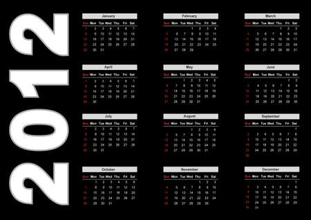 2012 annual calendar template on the black background. Weeks start on Sunday. EPS file availableのイラスト素材