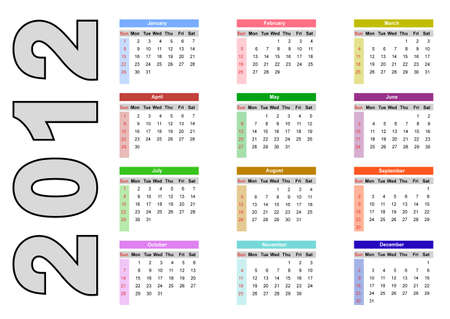 2012 annual calendar template on the white background. Weeks start on Sunday. EPS file availableのイラスト素材