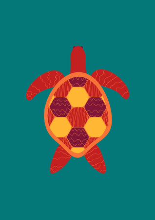Red, orange, yellow and cherry turtle on the ocean blue background. Simple kids vector summer sea...