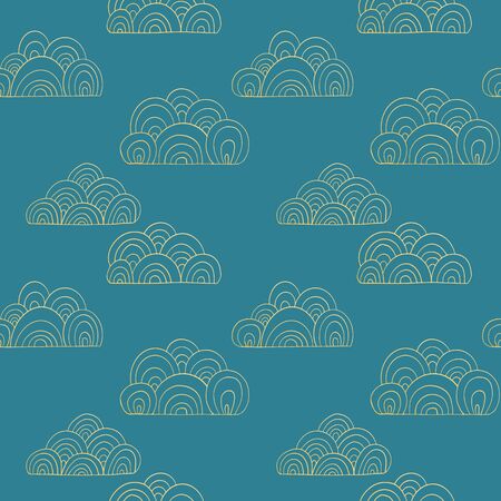 Hand drawn golden clouds on blue background. Line art seamless pattern. Oriental vector print for fabric, apparel, textile, wrapping paper. EPS10のイラスト素材