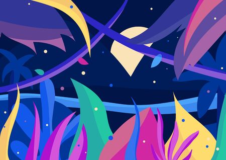 Vibrant full moon night in the jungle. Colorful 2d postcard with palms, flowers and fireflies. Fantasy vector illustration with blue, purple, green elements and Indigo background. EPS10, editable.のイラスト素材