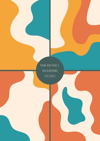 Set of trendy warm colored abstract background pictures. Curvy retro pastel blobs shapes collection, templates for flier, cover. Vintage colors, pale blue, yellow, red, beige. EPS10, editable.のイラスト素材