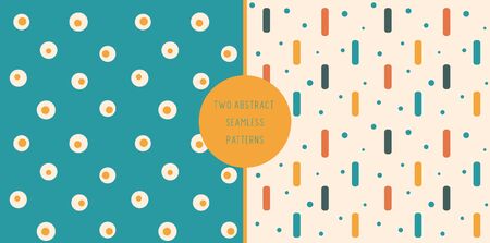 Retro cream beige, orange and blue abstract spots seamless patterns set. Vector elegant warm print with rounded edge rectangles, circles, dots. For wrapping paper, textile, apparel. Eps10, editableのイラスト素材