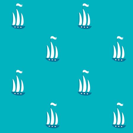 Blue ship wih white sails and flag on solid cyan background, seamless vector pattern. Nautical digital paper, calm colors. Boy summer print for apparel, fabric, garment, wrapping paper. EPS10, editableのイラスト素材