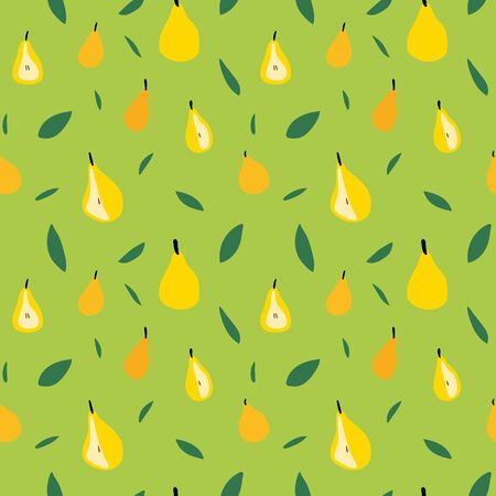 Fruit slice on salad green background. Pear and leaves summer seamless pattern. Cute drawing print for kids apparel, textile, fabric, wrapping paper. EPS10, editableのイラスト素材