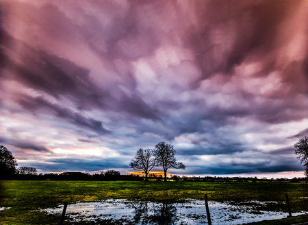 timelapse movement of storm clouds at sunset with silhouette of two treesの写真素材