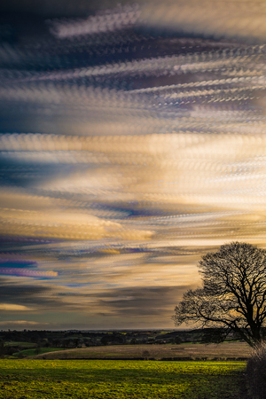 timelapse movement of clouds at sunset with silhouette of tree and far reaching scenic landscapeの写真素材