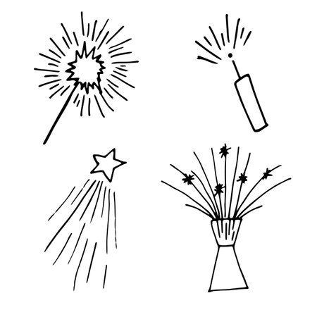 Collection of sparklers.Simple doodling style.Holiday candles for parties and holidays.Design for Christmas and New Year.Handmade artのイラスト素材