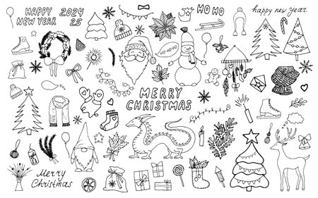 Large holiday collection with Christmas and New Year. Symbol of 2024 is Dragon. Various hand drawn doodle elements Merry Christmas and Happy New Year. Winter holiday attributes Santa, snowman, giftsのイラスト素材