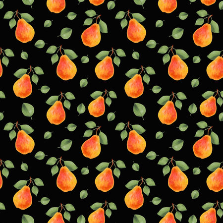 Seamless pattern of pears and leaves.Fruit background. Botanical artwork with organic healthy food for packaging, fabric, menu design. Illustration with watercolor and marker. Hand drawn isolated artの写真素材