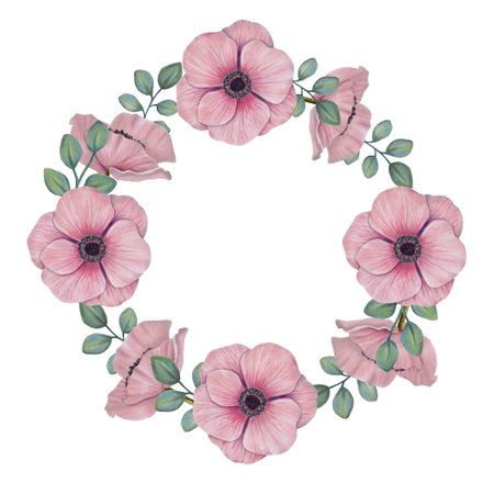 Round anemone frame.Botanical wreath of soft pink flowers with leaves.Marker and watercolor illustration.Valentines day romantic circle border for cards and wedding invitations.Hand drawn isolated.の写真素材