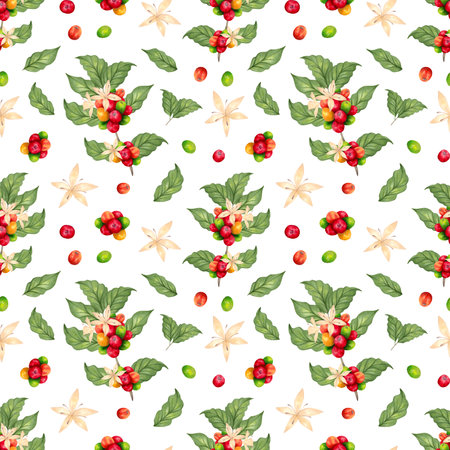 Seamless pattern of coffee branches, berries, flowers.Coffee Day. Aroma of Robusta and Arabica varieties.Watercolor illustration. Suitable for background, coffee packaging, production. Hand drawn art.の写真素材