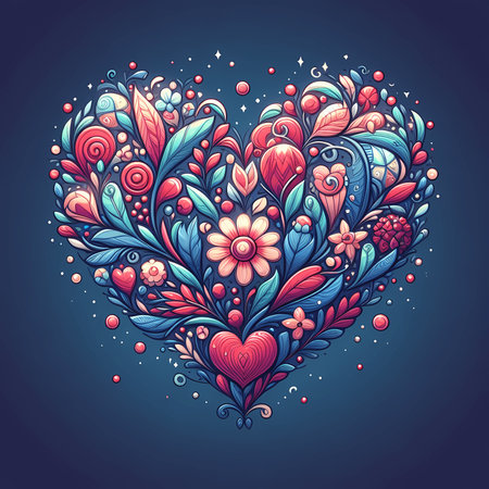 Heart for Valentines Day, Mothers Day for friends and girlfriends and for singles. Heart of blue and pink color with flowers and leaves in doodle and digital style.Generative Aiの写真素材