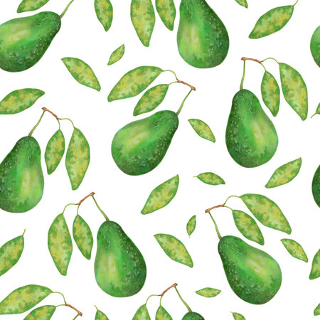 Fruit seamless pattern of avocado with leaves. Botanical texture for eco and healthy food for printing on fabric, paper. Watercolor and marker illustration.Hand drawn art.の写真素材