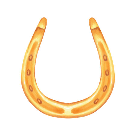 Golden horseshoe, lucky symbol of St. Patrick's day.Illustration with watercolors and markers.Hand drawn isolated clipart.Sketch of luck, wealth or success . Item for holiday decoration.の写真素材