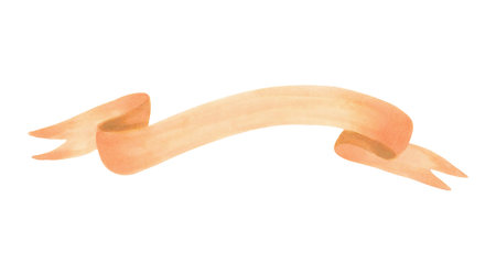 Brown ribbon for text.Illustration with watercolors and markers.Hand drawn isolated stripe for banner.Drawing of vintage curved blank ribbon for cards or invitations.Template for message.の写真素材