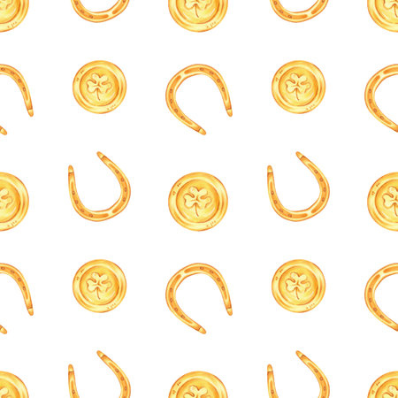 Seamless pattern with golden horseshoe and coin for St. Patricks Day.Watercolor and marker illustration.Hand drawn isolated background.Symbol of good luck, wealth or success.Texture in vintage style.の写真素材
