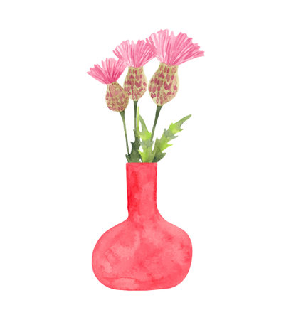 Composition of thistles in a pink vase.Watercolor illustration.Bouquet of wildflowers with leaves.Hand drawing.Simple stylized style. Spring botanical bouquet for Easter, mothers day, cards.Vector.のイラスト素材